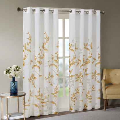 Burnout Printed Curtain Panel with Botanical Burnout Print - Ivory Gold