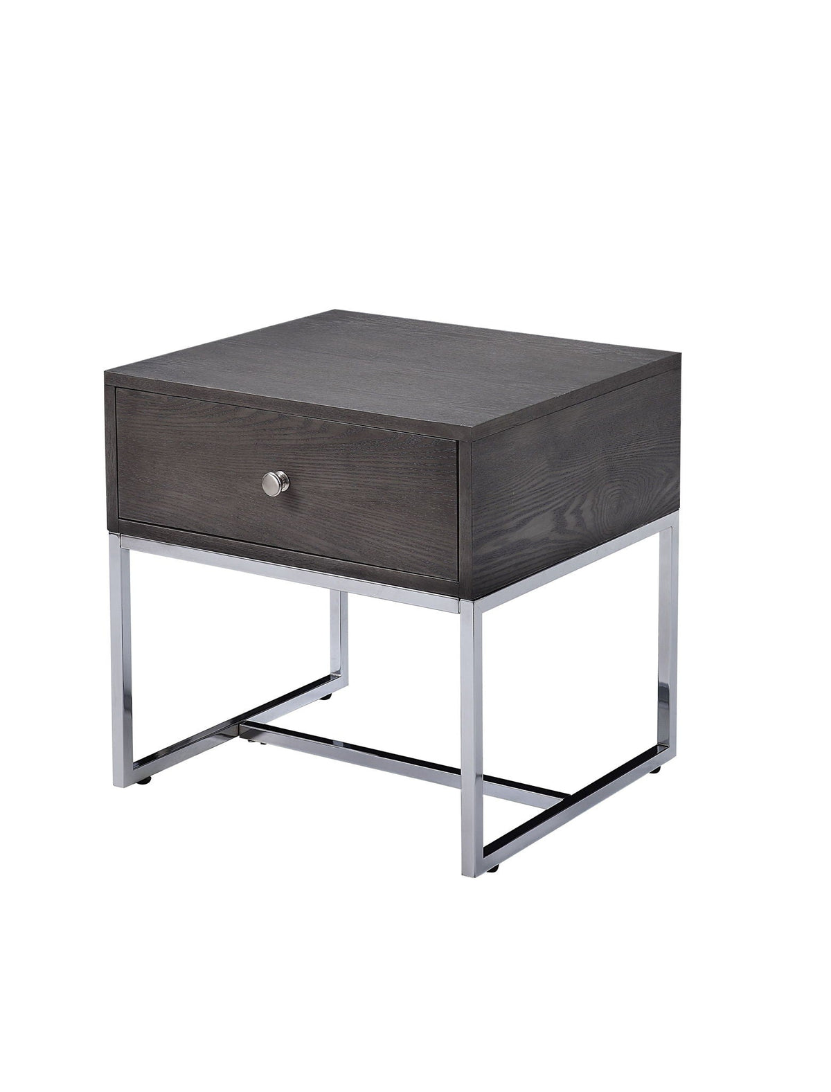 Gray Oak End Table with Felt-Lined Drawer and Chrome Base