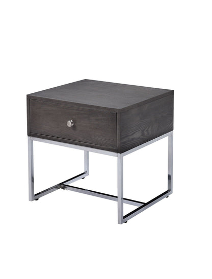 Gray Oak End Table with Felt-Lined Drawer and Chrome Base