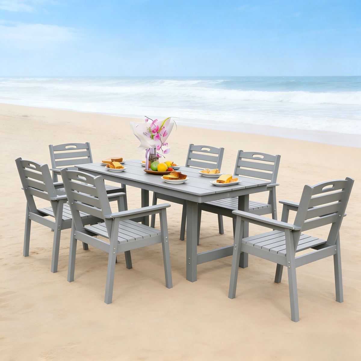 HDPE Outdoor Patio Dining Set with Table and Six Chairs