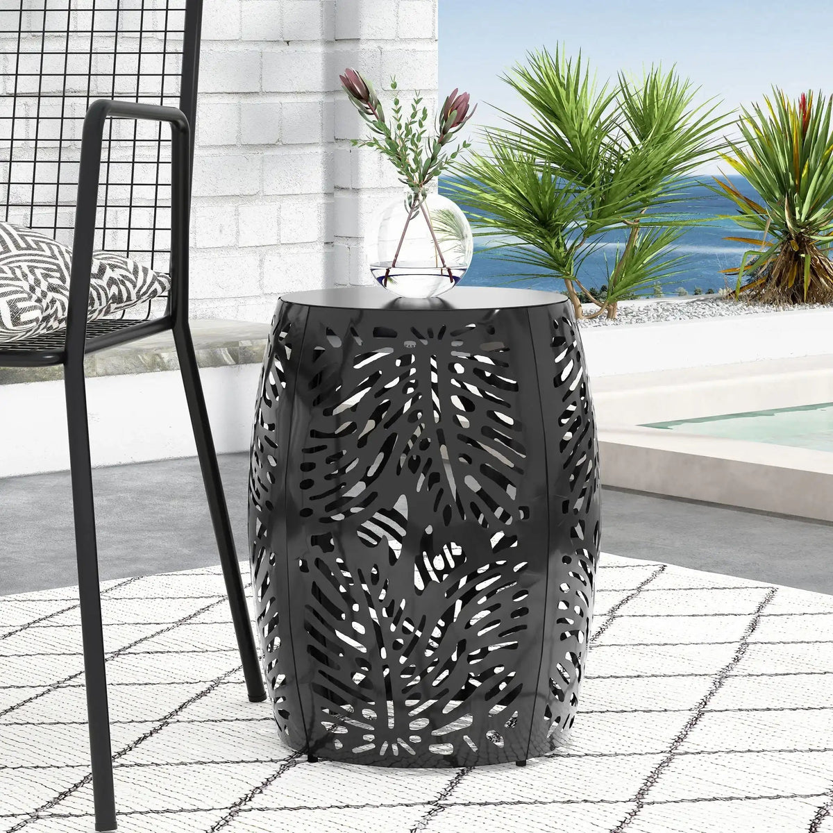 Modern Design Metal End Table with Palm Leaf Cut-Out - White, Black, Blue
