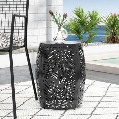 Modern Design Metal End Table with Palm Leaf Cut-Out - White, Black, Blue