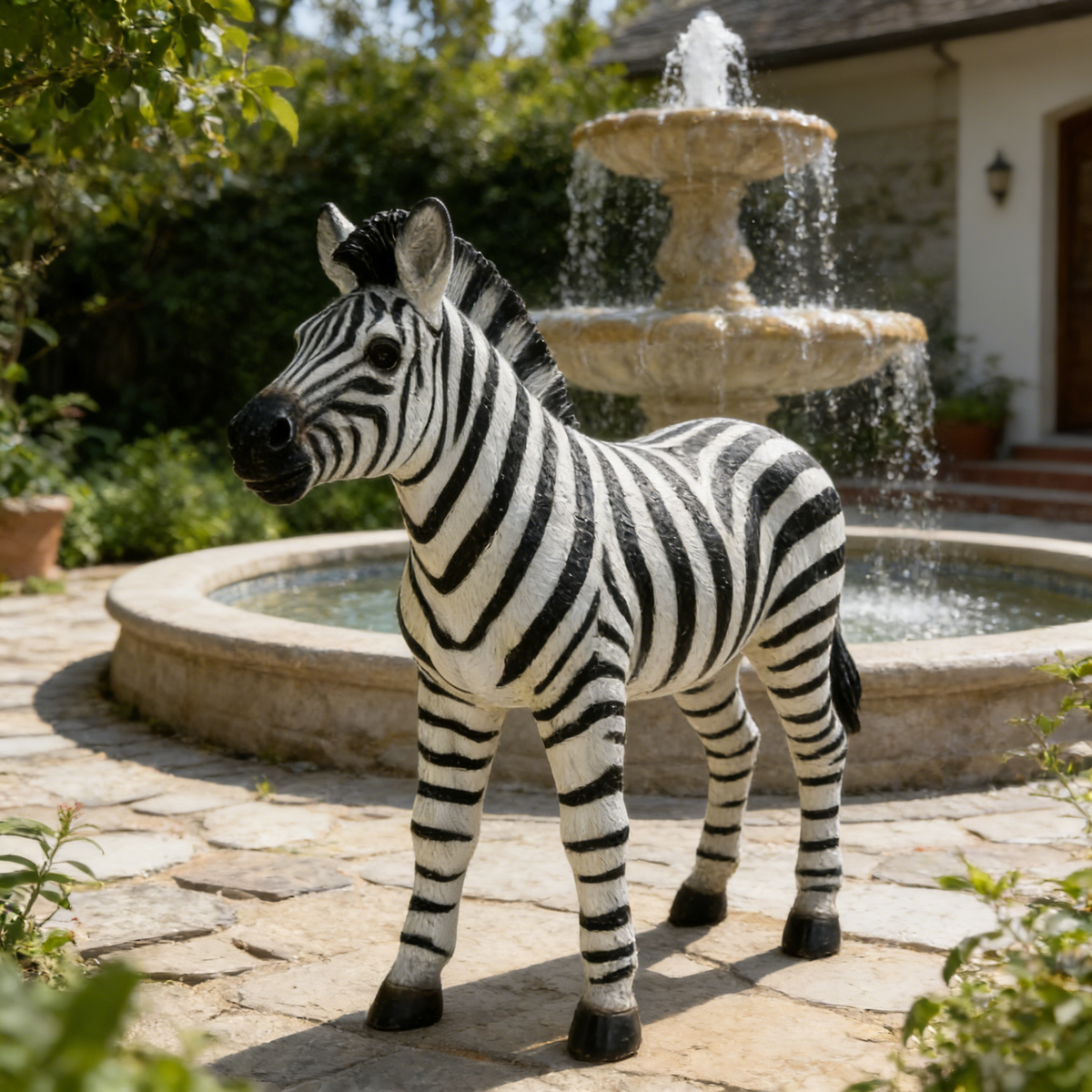 Simulated Zebra Garden Statue with Realistic Design - Black and White