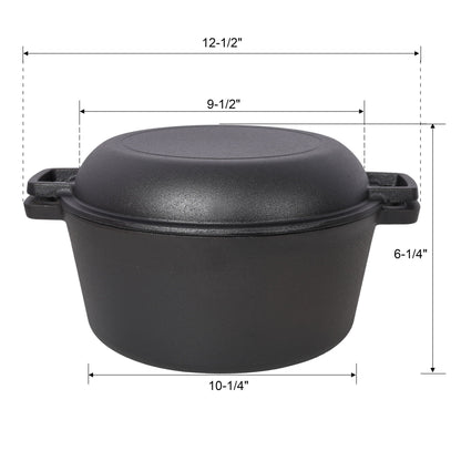 3 In 1 Pre-Seasoned Cast Iron Dutch Oven with Skillet Lid - Black