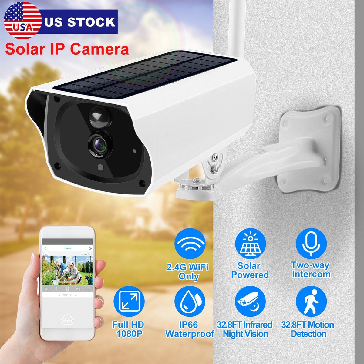 1080P Solar Powered WiFi IP Camera Two-Way Intercom Security Surveillance Camera IP66 Waterproof Motion Sensor Night Vision Network Camcorder APP Cont