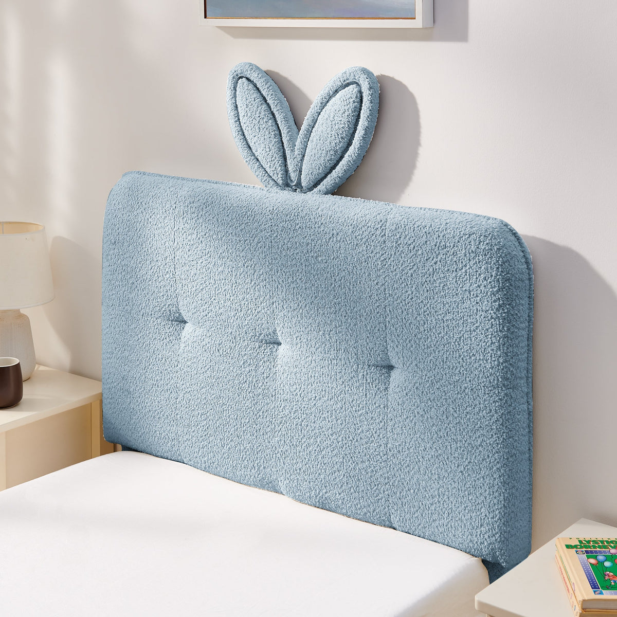 Twin Size Kids Upholstered Bed with Rabbit Ear Headboard & Storage - White Boucle