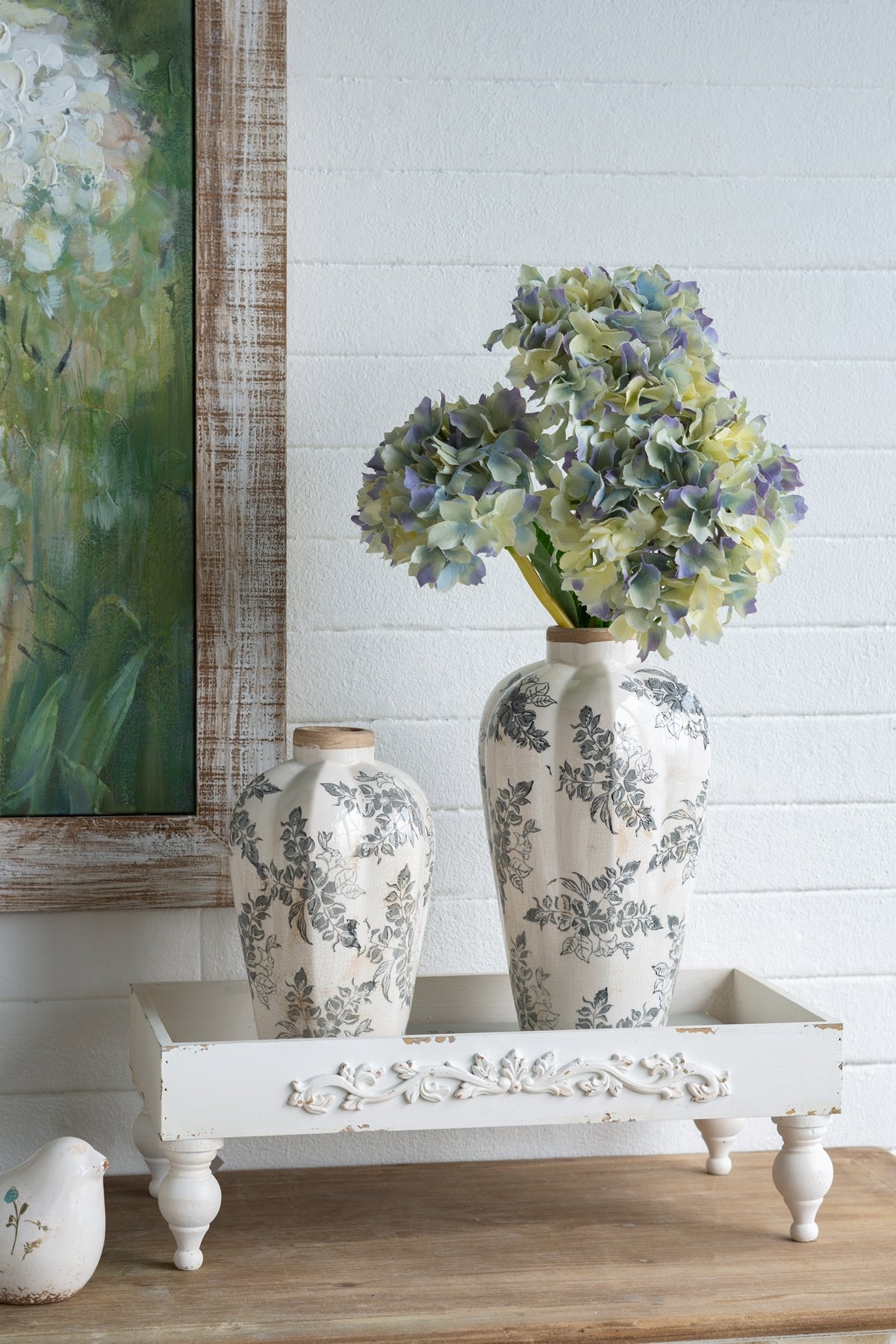 White Ceramic Accent Vase with Gray Floral Design - Multicolor