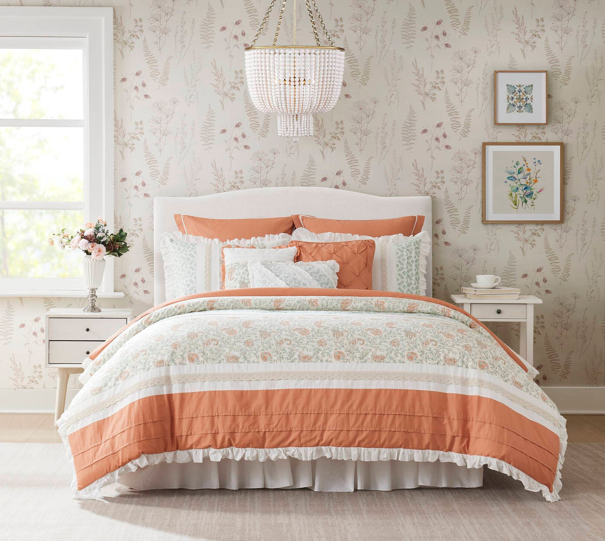 Coral Cotton Percale Comforter Set with Pintucking and Lace Taping - Queen