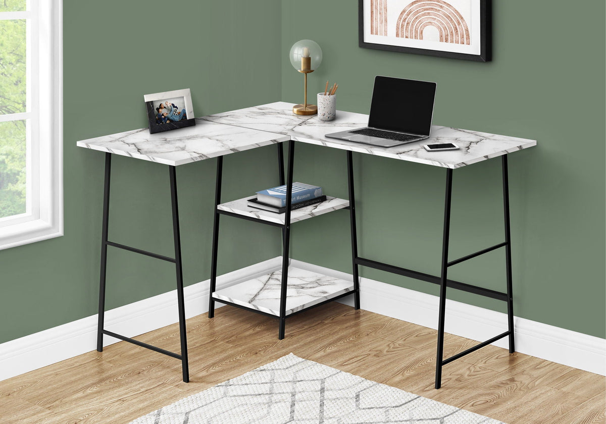 Contemporary L-Shape Corner Computer Desk with Marble Look Laminate - White or Black