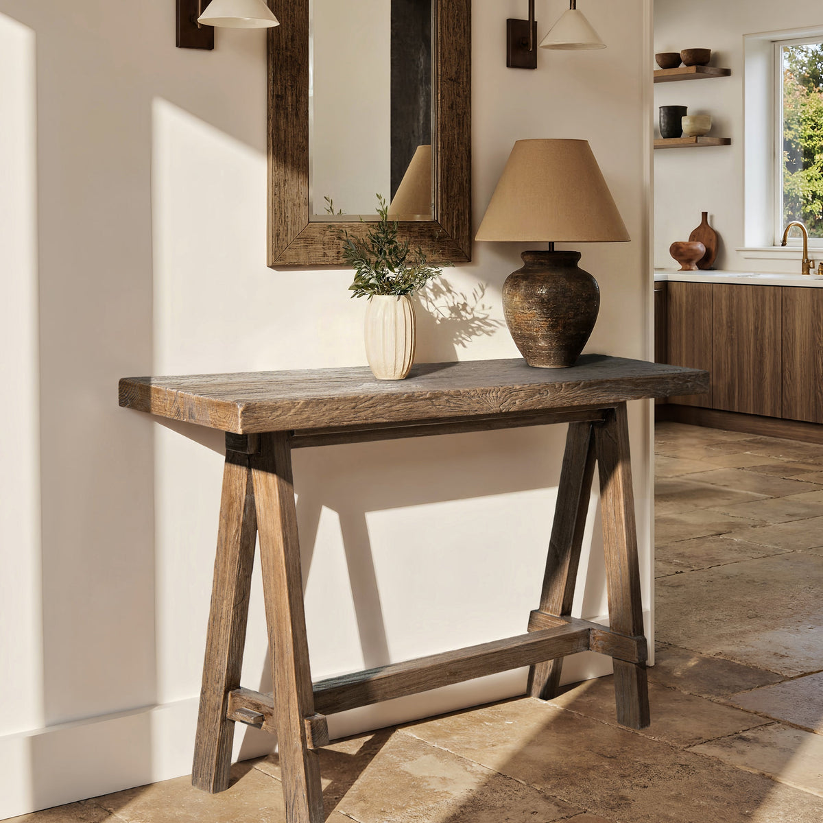 Hawthorne 60'' Reclaimed Elm Trestle Console Table with Solid Wood Base - Medium-Dark Brown