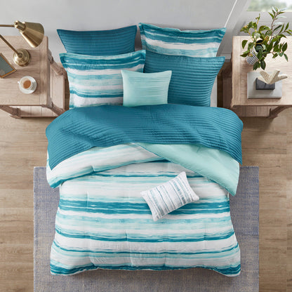 8 Piece Seersucker Comforter and Quilt Set with Hypoallergenic Fill – Aqua King/Cal King