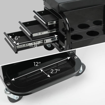 Rolling Creeper Garage Seat with 3 Built-In Drawers - Black