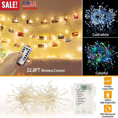 2M 100 LED Fairy String Lights Copper Wire w/Remote Control Party Xmas Decore Lights