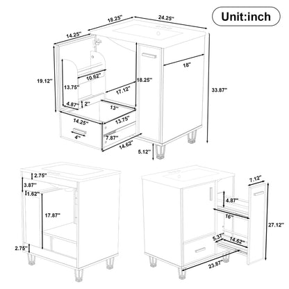 Bathroom Vanity with Ceramic Sink and Deep Storage - Multiple Colors
