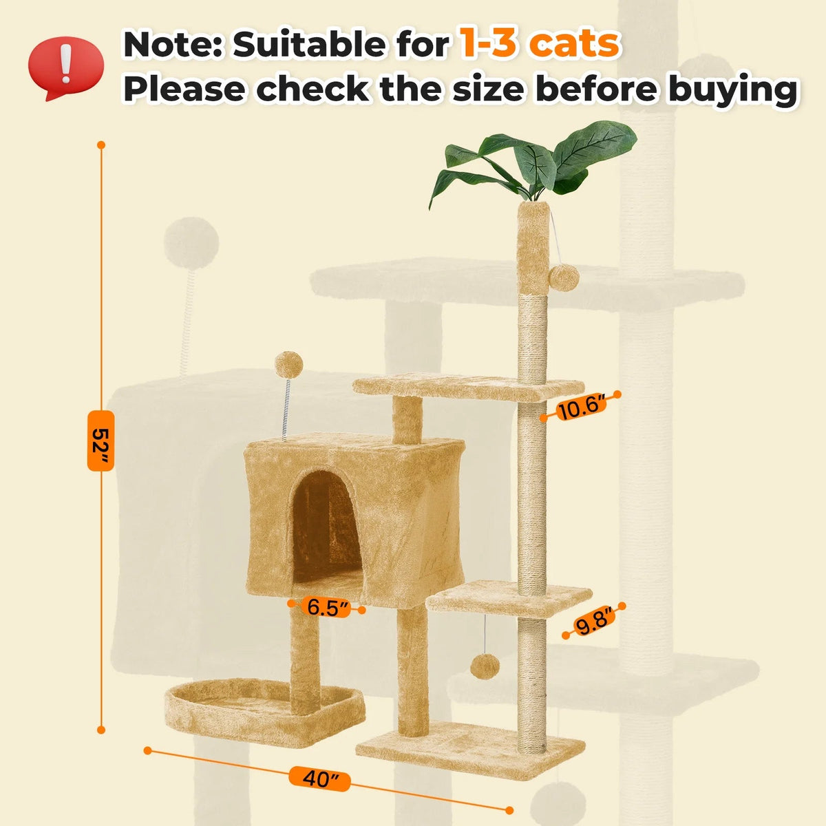 52" Cat Tree with Scratching Posts, Plush Perches & Cozy House