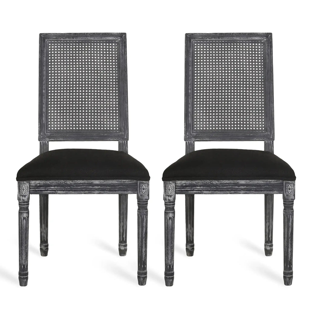French Country Dining Chair with Rectangular Cane Backrest and Upholstered Seat