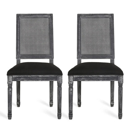 French Country Dining Chair with Rectangular Cane Backrest and Upholstered Seat