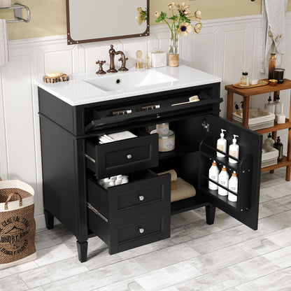 36" Bathroom Vanity with Ceramic Sink and Storage Drawers - Multiple Colors