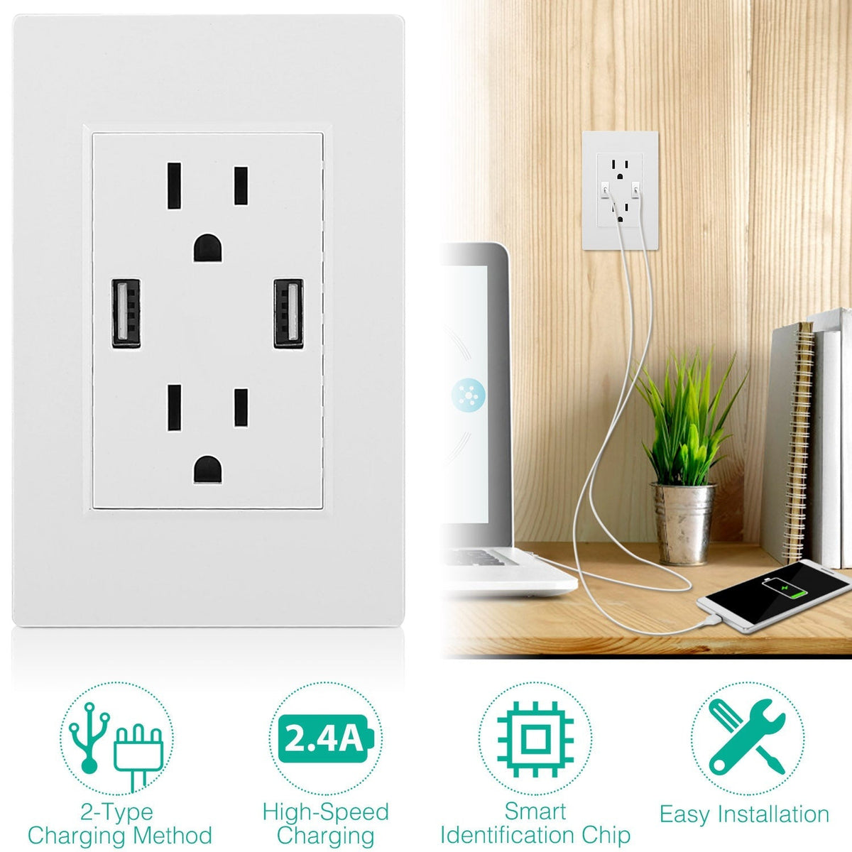 USB Wall Outlet Dual 2.4A USB Wall Charger High Speed Duplex Wall Socket US Standard