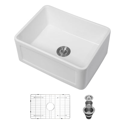 Apron Front Reversible Single Bowl Kitchen Sink with Grid and Strainer - White
