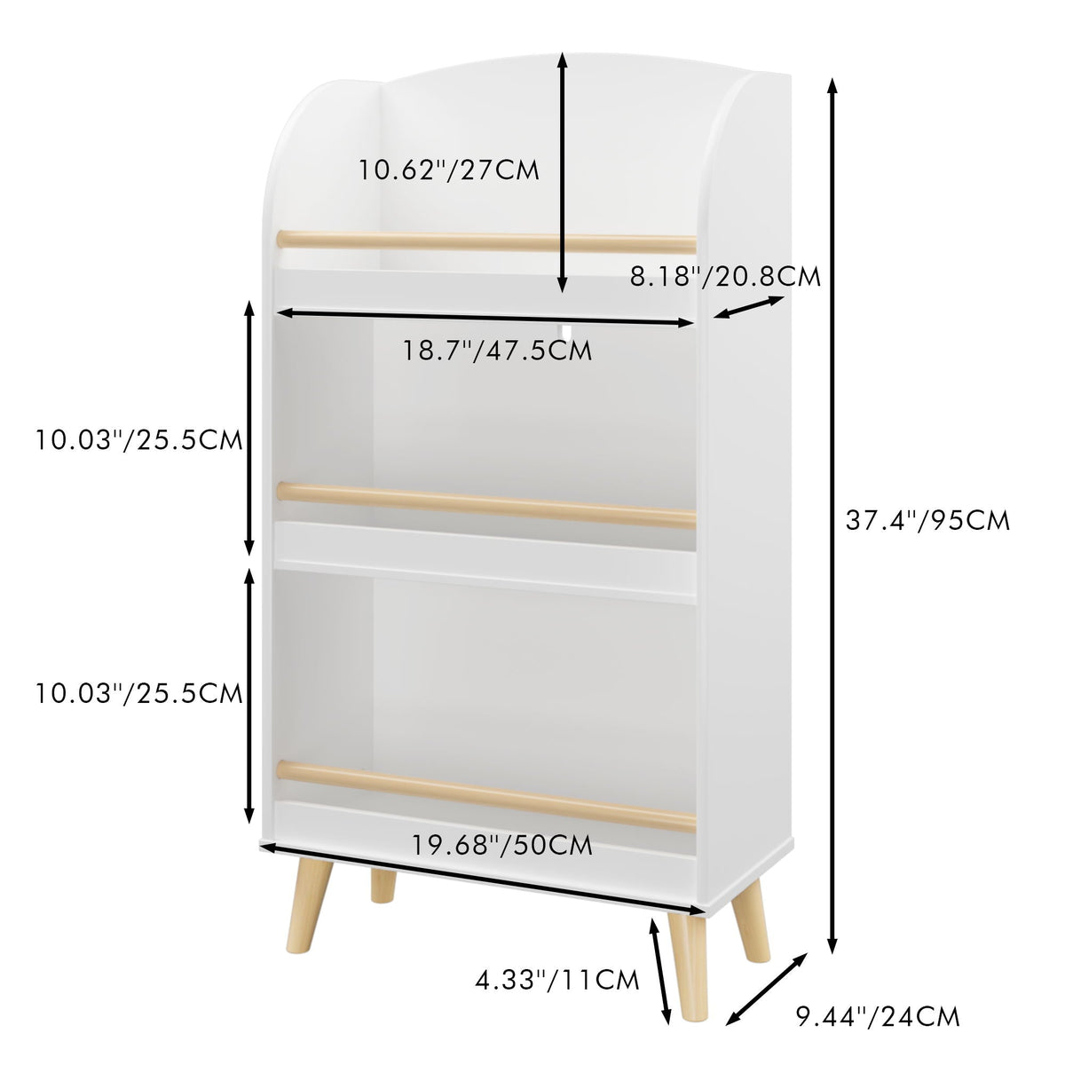 White 3-Tier Bookshelf with Toy Storage - MDF & Pine Construction