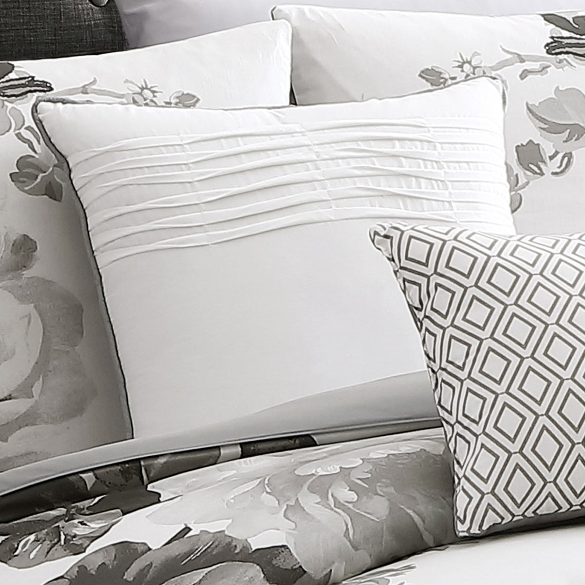 Black and White Floral Comforter Set with Reversible Backing - 7 Piece
