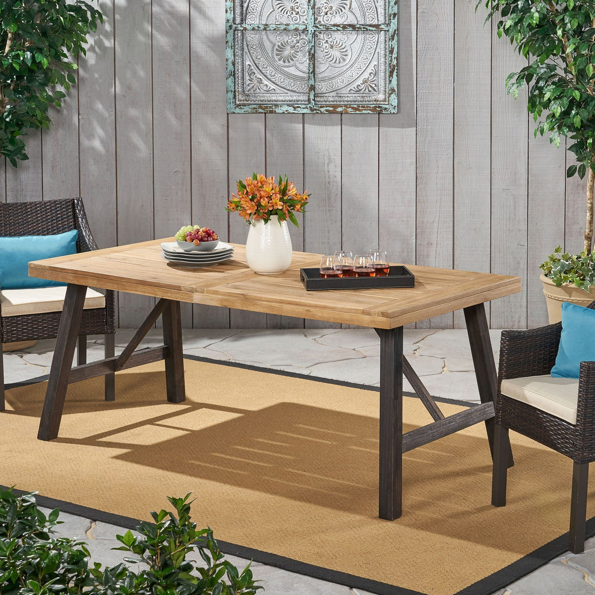 Outdoor Weather Resistant Dining Table with Slat Panel Design - Light Brown