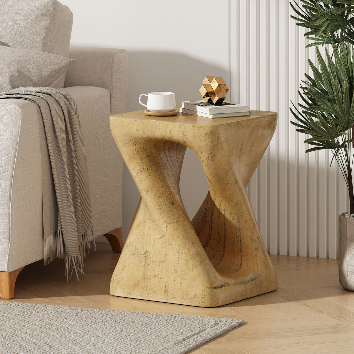 Twist Shape Side Table with Weather-Resistant Magnesium Oxide - Light Brown or Black