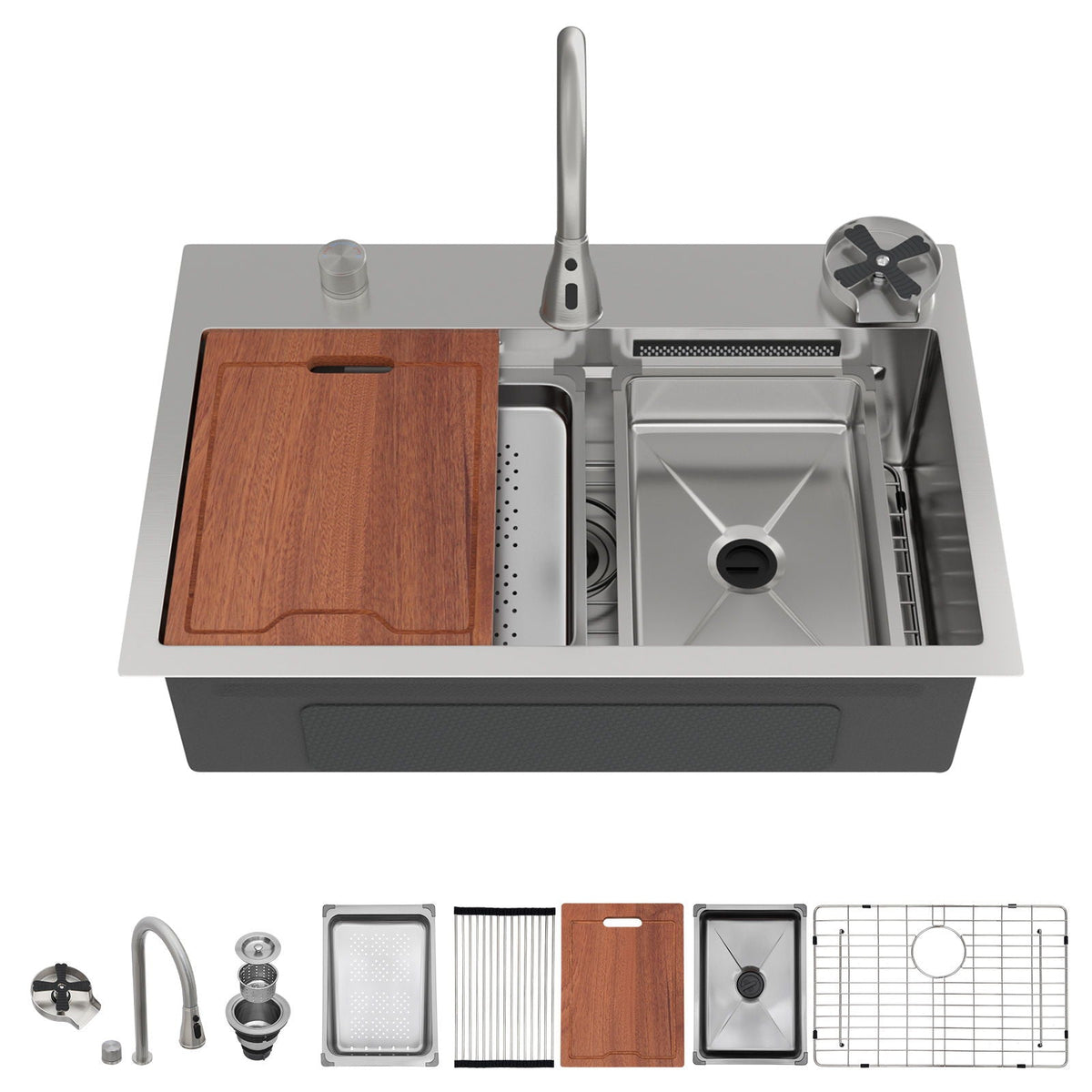 Drop In Waterfall Kitchen Sink with Pull-Out Faucet & Cup Washer - Gray or Black