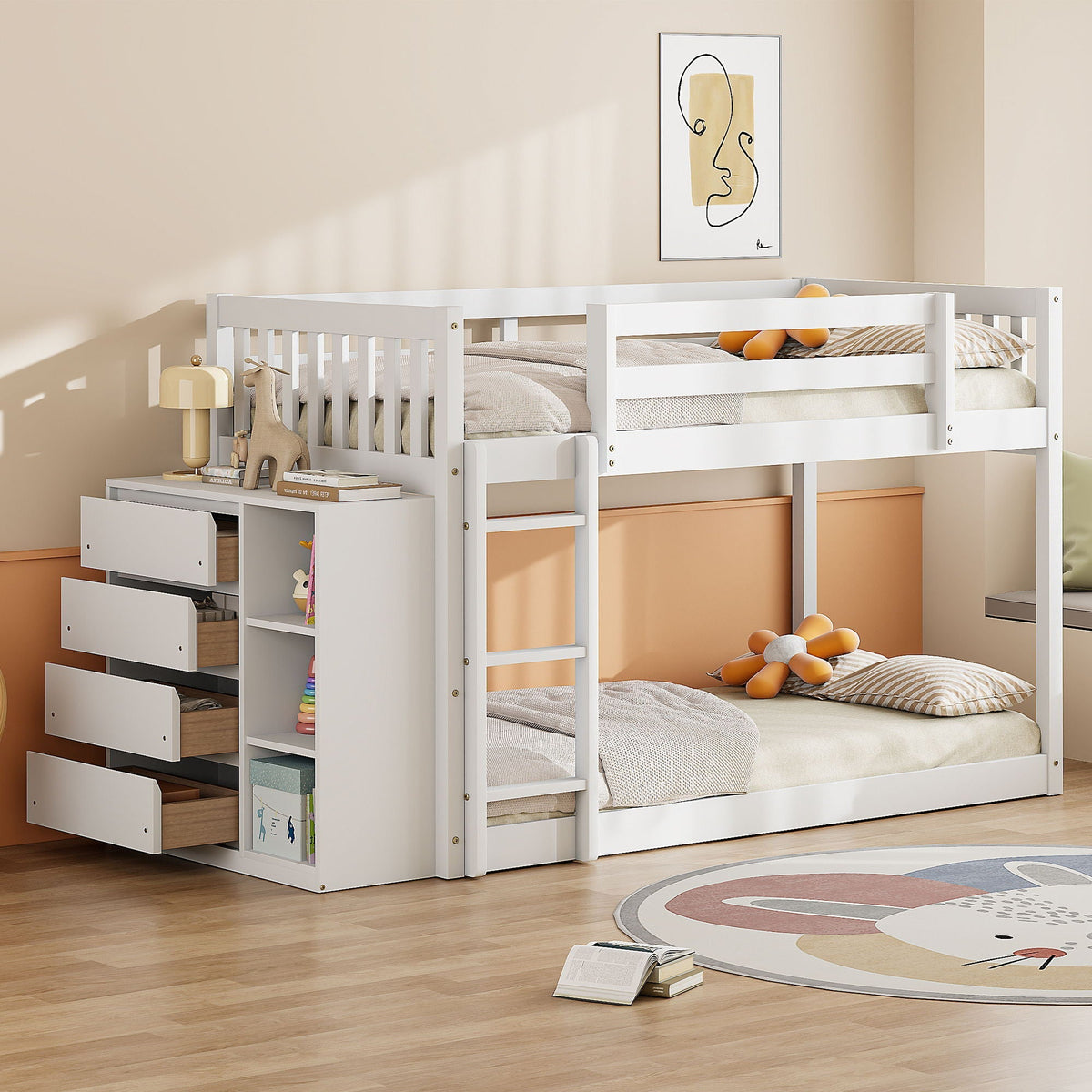 Bunk Bed With 4 Drawers and 3 Shelves - Solid Pine Wood
