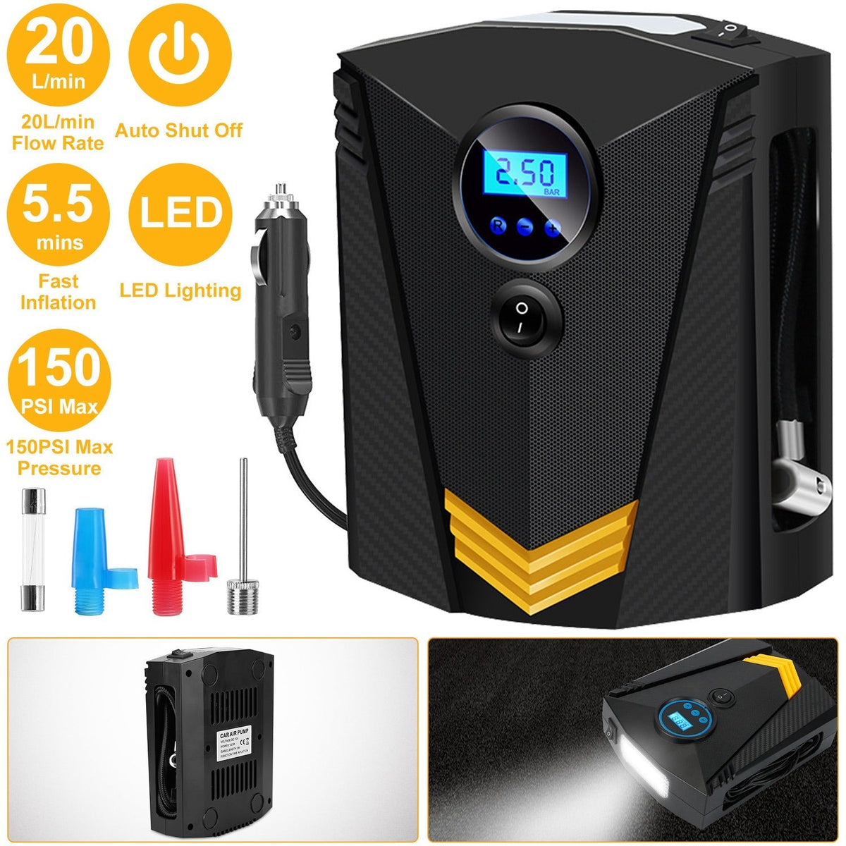Tire Inflator 12V DC 100W 150PSI Digital Tire Pump w/LCD Display Electric Air Compressor Pump 20L/Min Air Flow