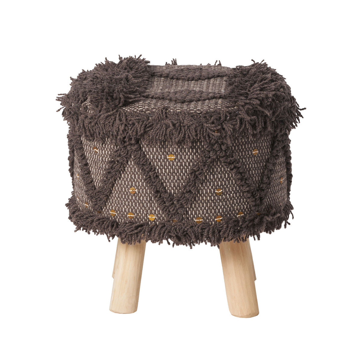Handcrafted Wool & Cotton Foot Stool with Eucalyptus Frame - Dark Brown