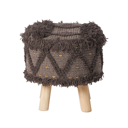 Handcrafted Wool & Cotton Foot Stool with Eucalyptus Frame - Dark Brown