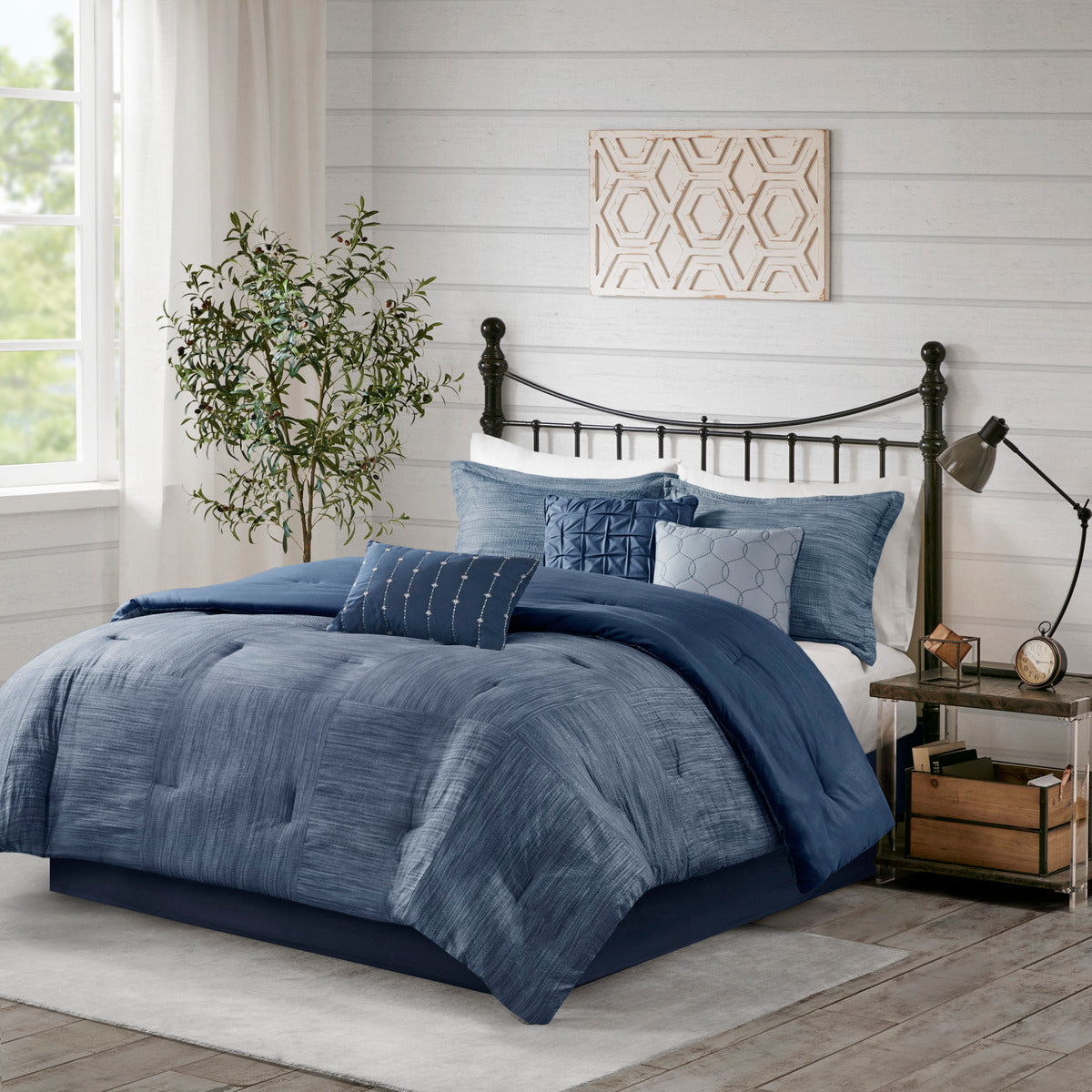 7 Piece Printed Seersucker Comforter Set with Hypoallergenic Fill - Navy