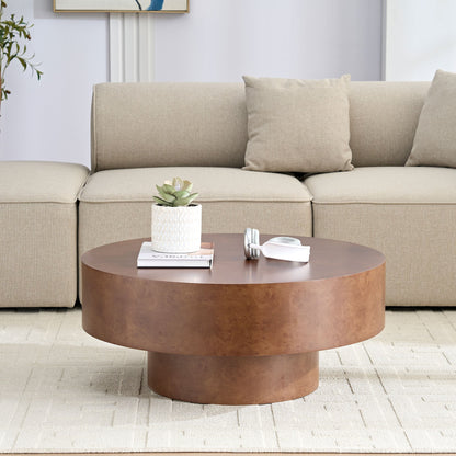 Faux Burl Wood Round Coffee Table with Sturdy Pedestal - Walnut