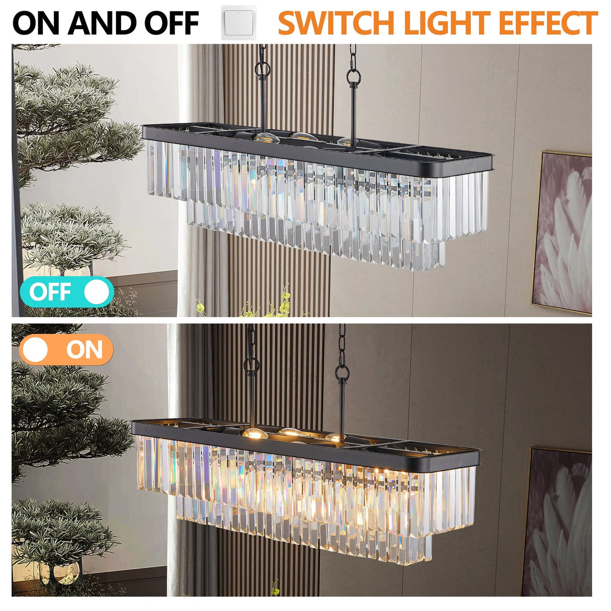 Rectangular Crystal Chandelier with Adjustable Height - Black Iron & Crystal