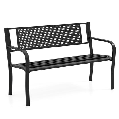 50 Inches Garden Bench with Patterned Backrest and Curved Armrests-Black