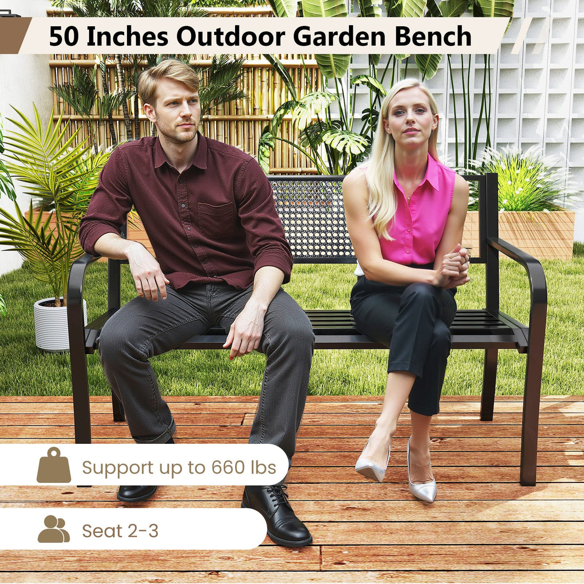 50 Inches Garden Bench with Patterned Backrest and Curved Armrests-Black