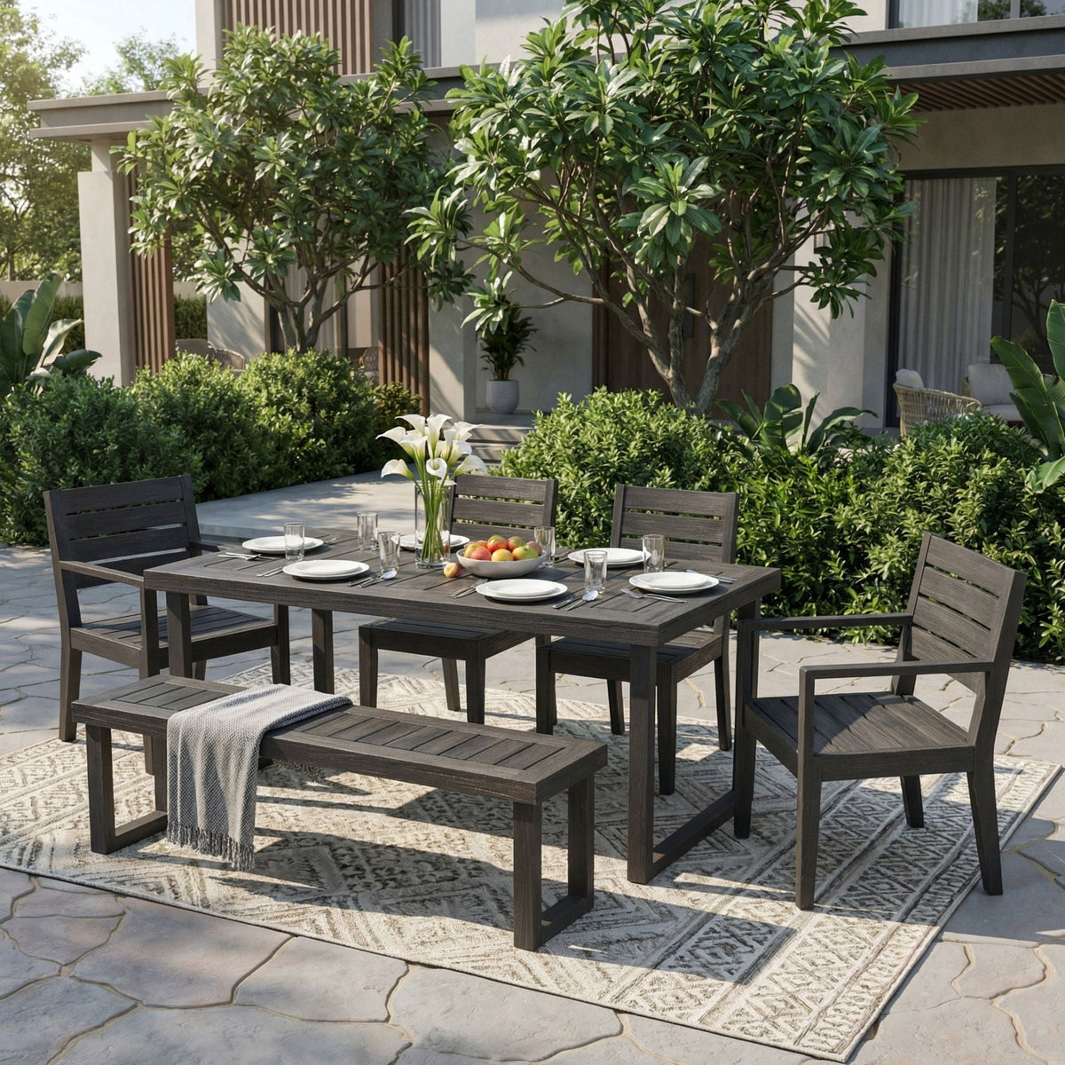 Outdoor 6 Seater Dining Set with Bench - Dark Gray / Light Gray