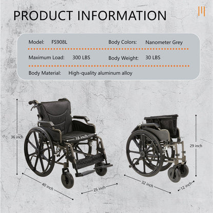 Lightweight Foldable Nursing Wheelchair with 300 lbs Capacity - Gray