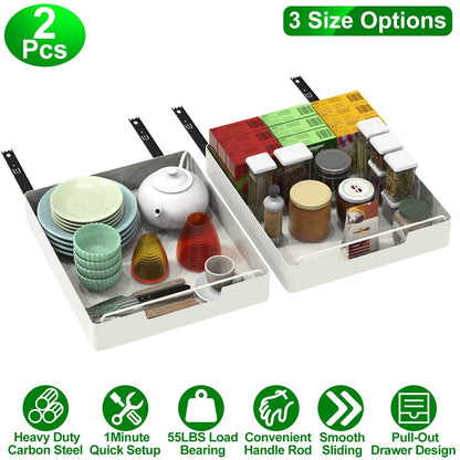2Pcs Pull Out Cabinet Organizers Sliding Shelf Spice Rack Carbon Steel Roll Out Drawers Fixed with Adhesive Nano Film with Handle 55LBS Max Load