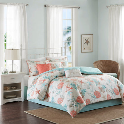 Cotton Sateen Comforter Set with Coastal Motifs - Coral