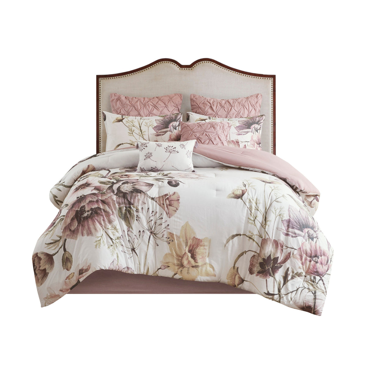 8 Piece Cotton Printed Comforter Set with Embroidered Pillows - Blush