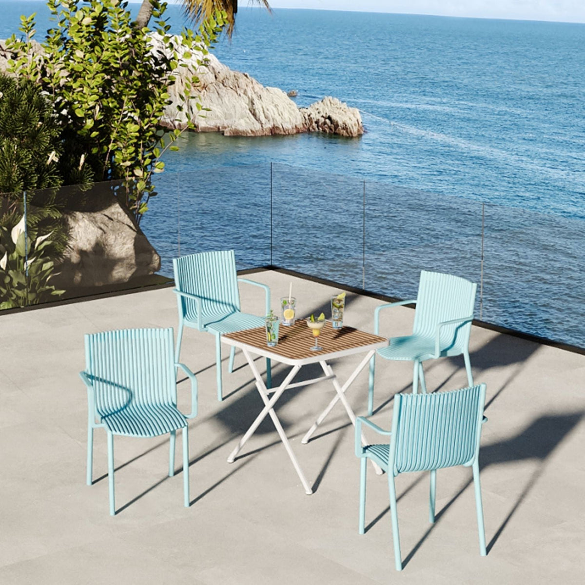 4 Modern Stackable Plastic Armchair Matched With Folding Square Table