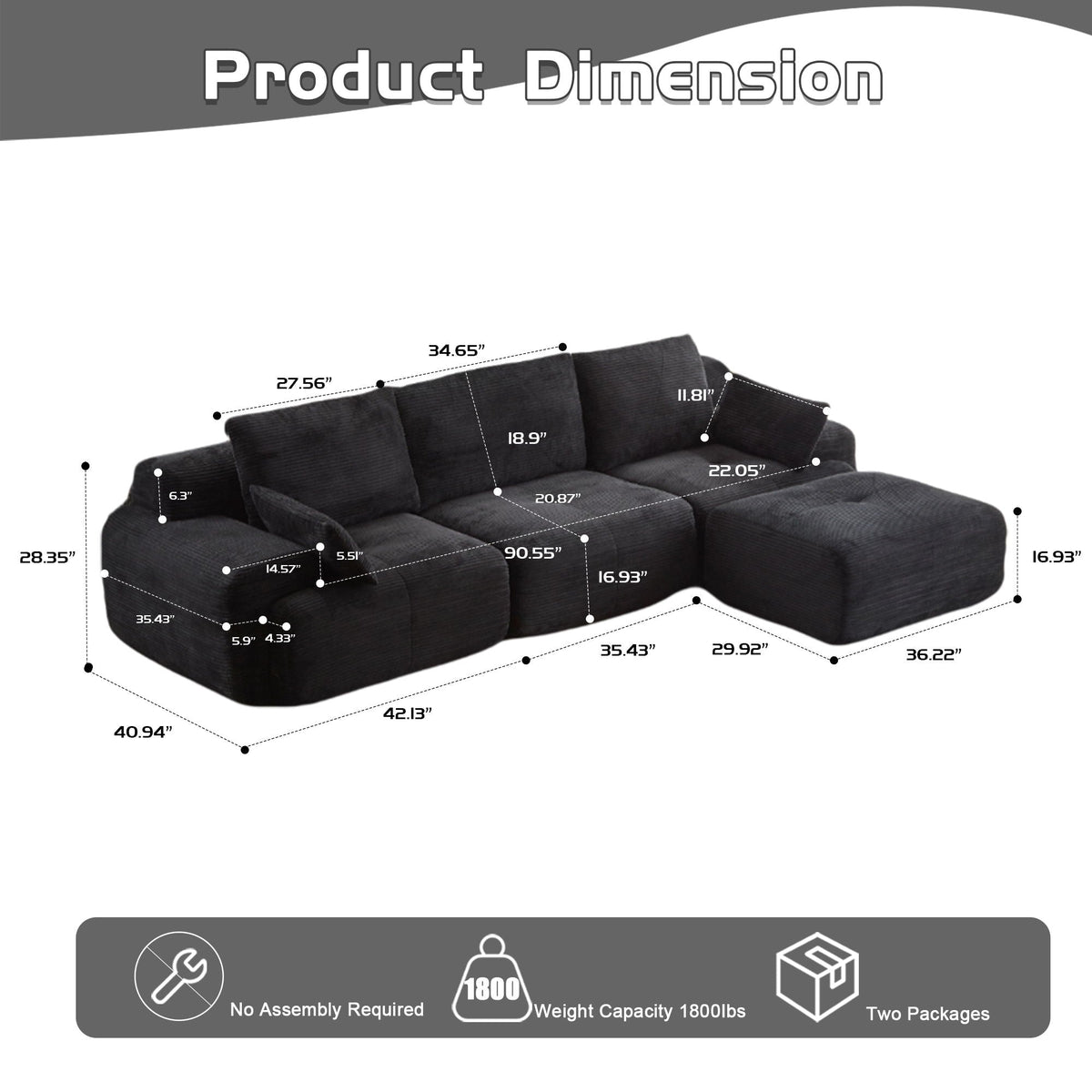 Large Fabric Sectional Sofa with Memory Foam Padding - Multiple Colors