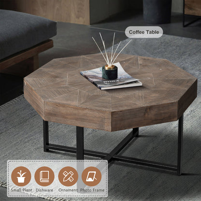 Wood Octagonal Vintage Patchwork Coffee Table with Metal Frame - Antique Brown