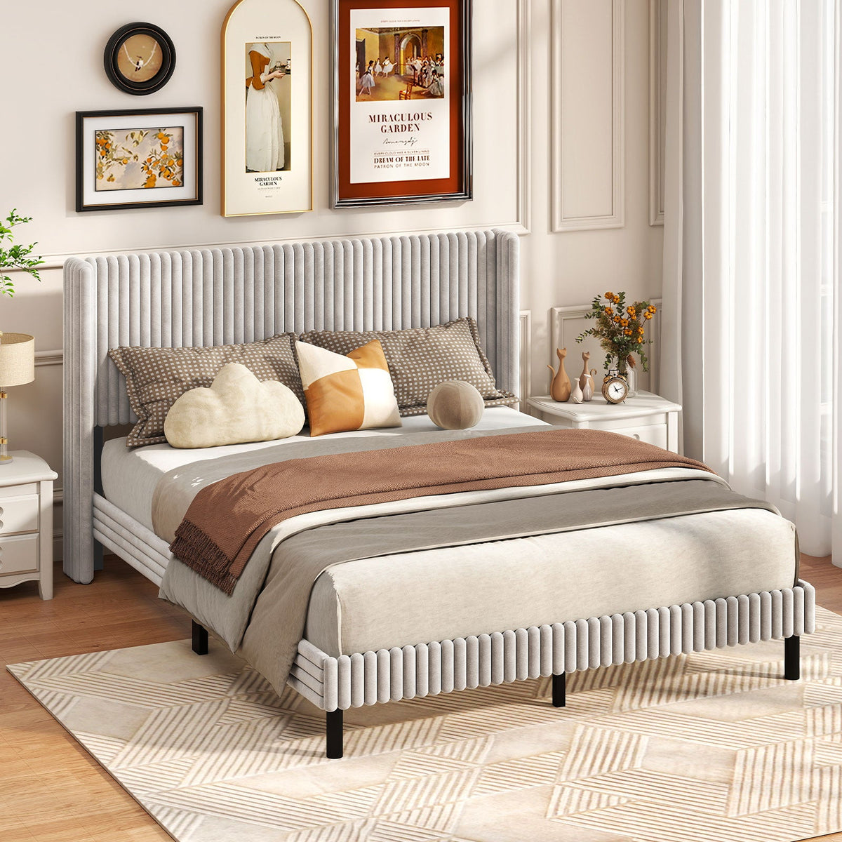 Queen Size Velvet Bed Frame with Vertical Channel Tufted Wingback Headboard-White