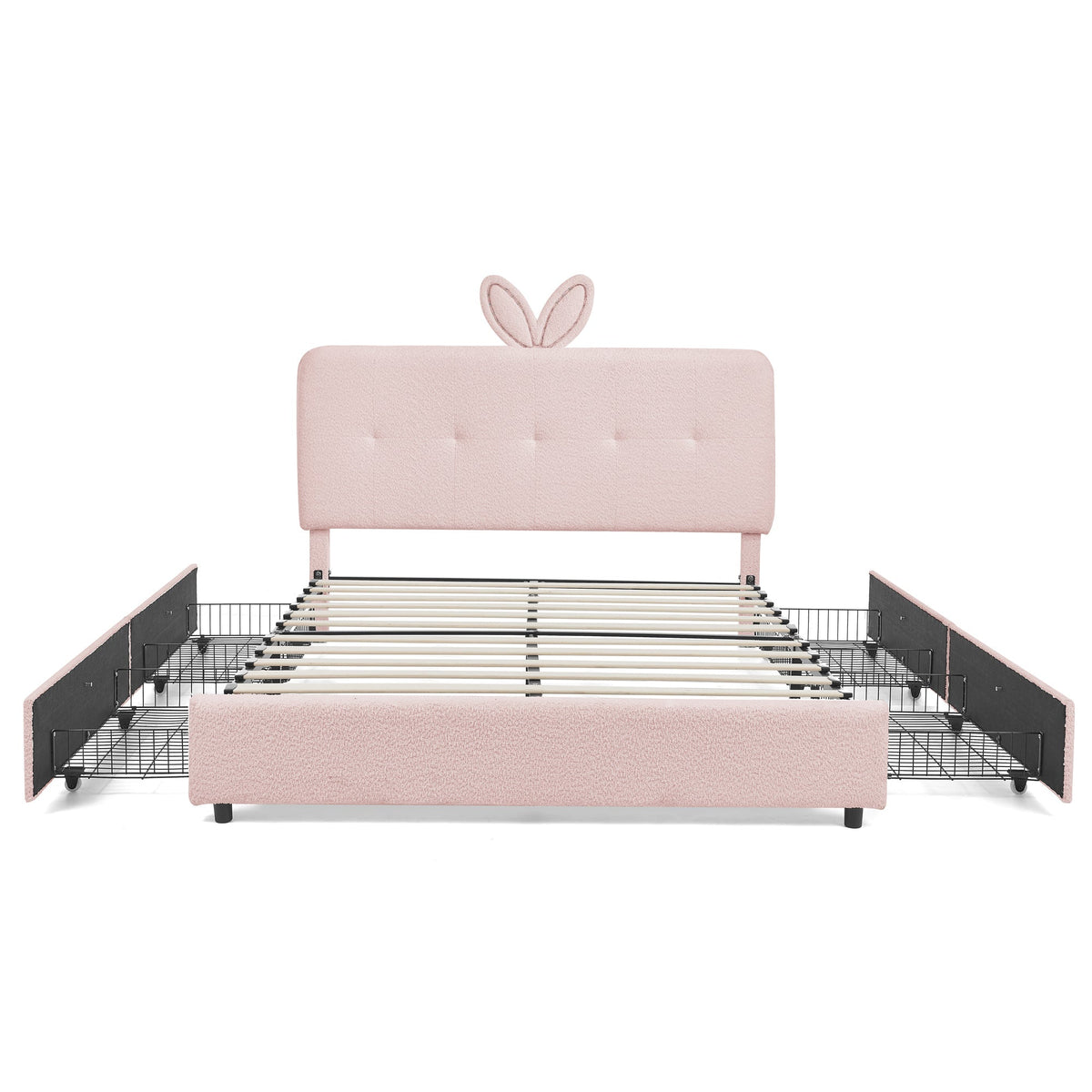 Queen Size Kids Upholstered Bed with Rabbit Ear Headboard & Storage - Boucle