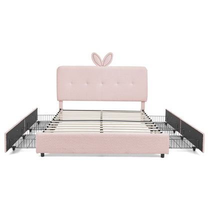 Queen Size Kids Upholstered Bed with Rabbit Ear Headboard & Storage - Boucle
