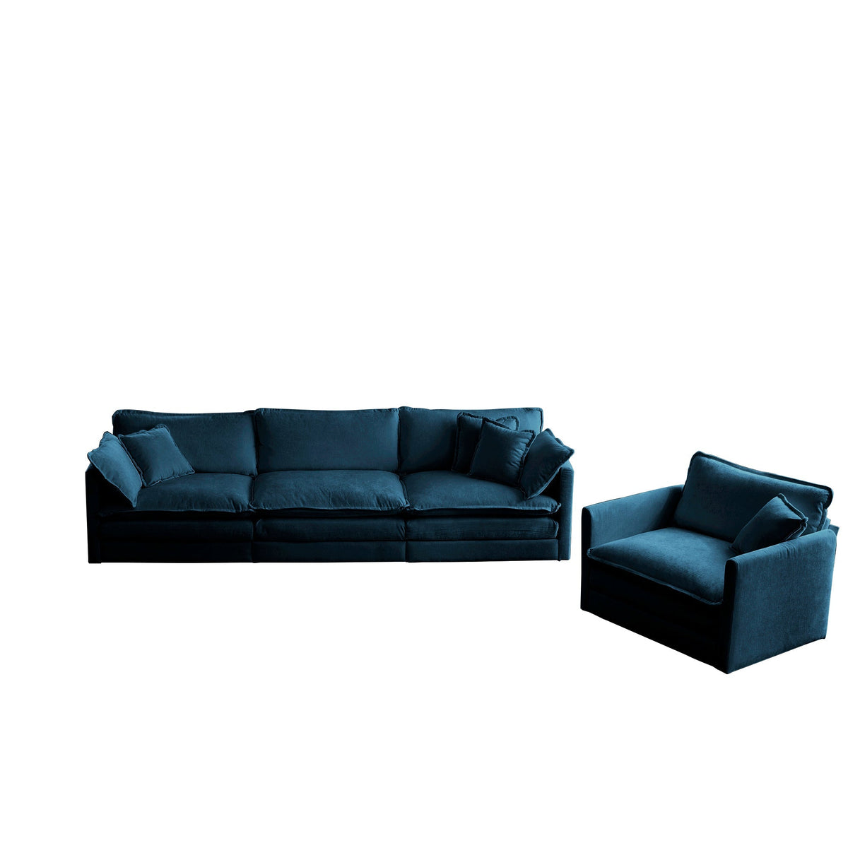 Blue Chenille 2-Piece Upholstered Sectional Sofa Set with Solid Wood Frame